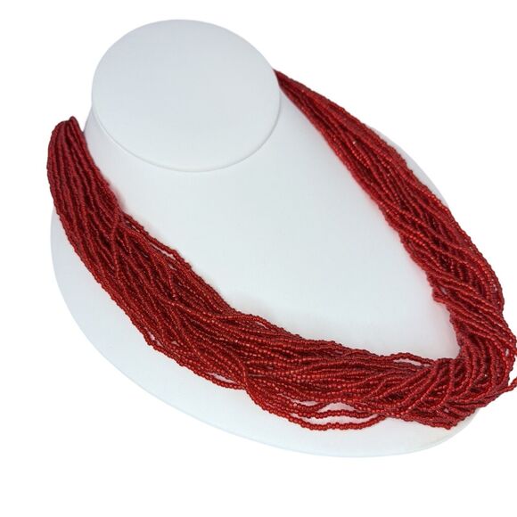 Red Seed Bead Layered Statement Necklace 21", Bold & Heavy Design - Picture 10 of 13